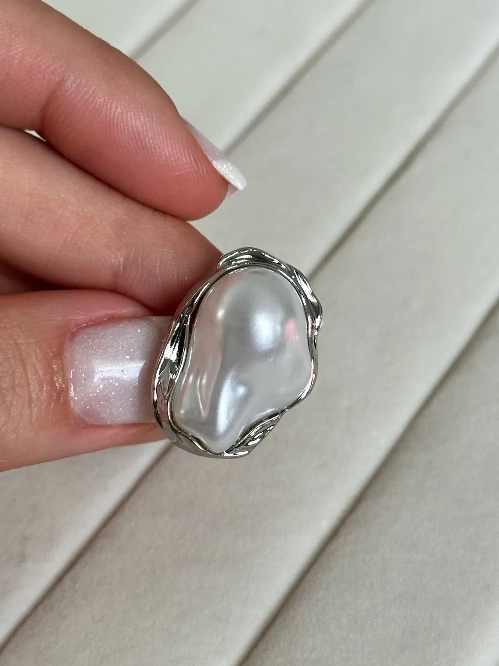 Elegant Silver Pearl Statement Ring Adjustable